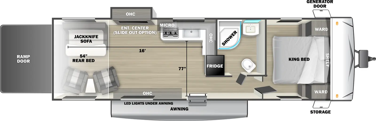 The Shockwave 2630RLE floorplan is a toy hauler that has one entry and one slide out. Exterior features include: fiberglass exterior. Interiors features include: front bedroom.